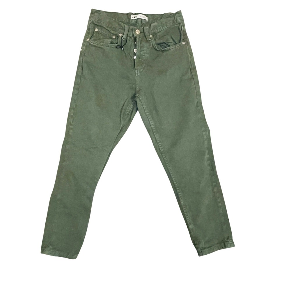 Zara Jeans Women 29 Olive Green Slim High Rise Button Fly Cotton Denim NWOT